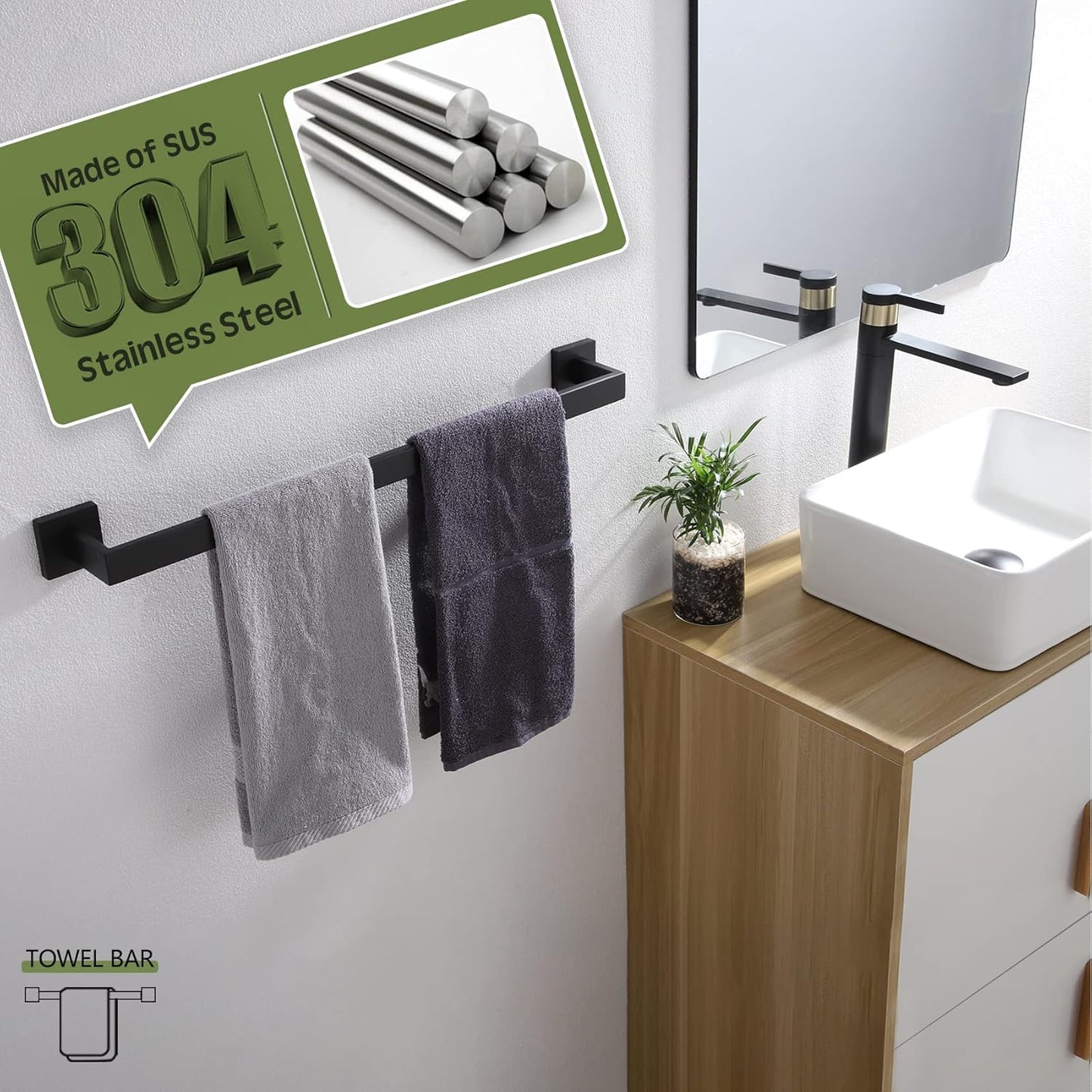 KOKOSIRI 20-Inch Single Towel Bar, Bathroom Kitchen Towel Holder, Wall Mounted SUS304 Stainless Steel Towel Rack 2 Pack, Matte Black, B4003BK-L20-P2