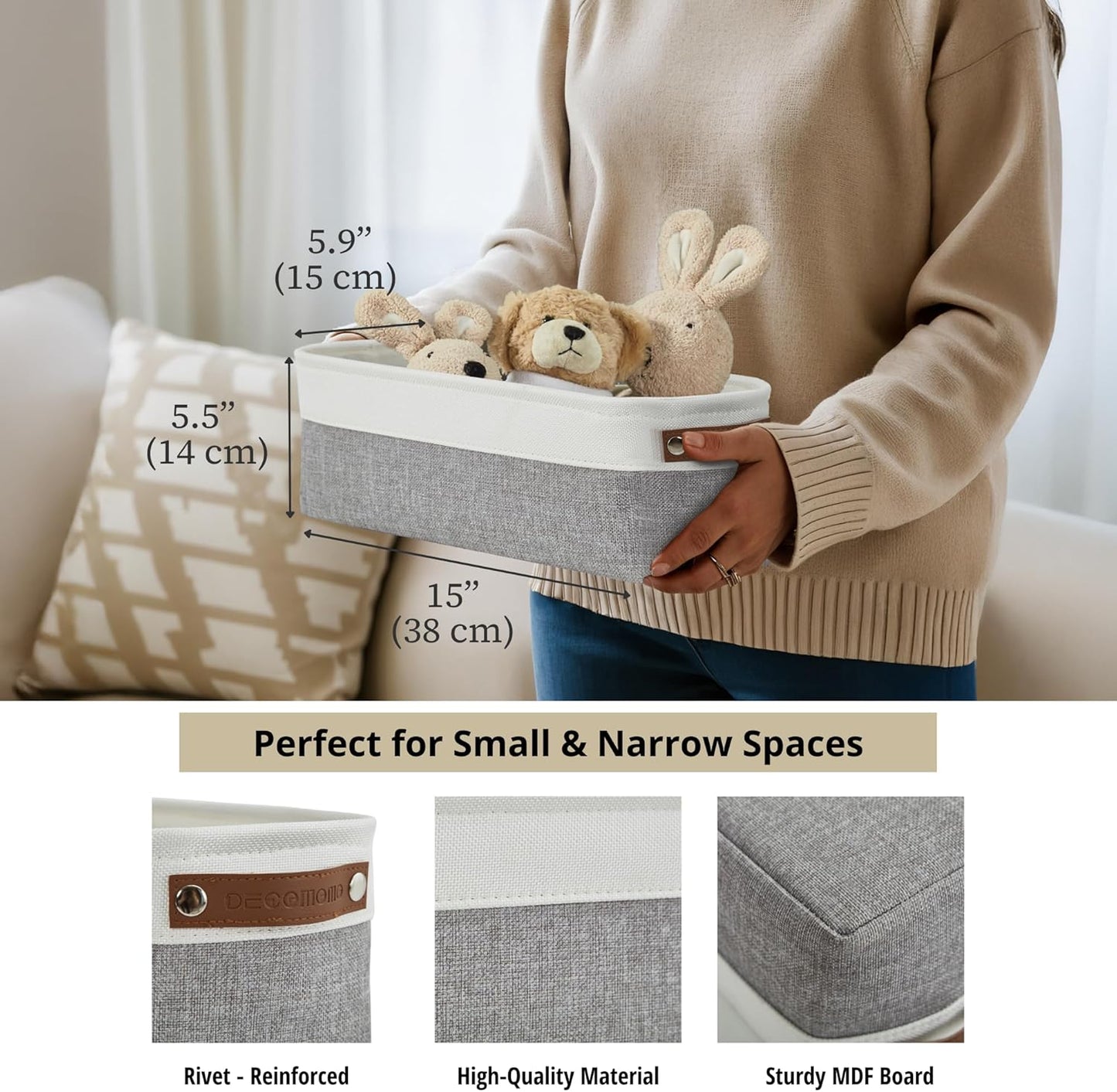 DECOMOMO Narrow Storage Bins Small Baskets for Organizing Bathroom, Toilet Tank, Towel Storage, Entryway, Gifts (Grey and White - Set of 4)