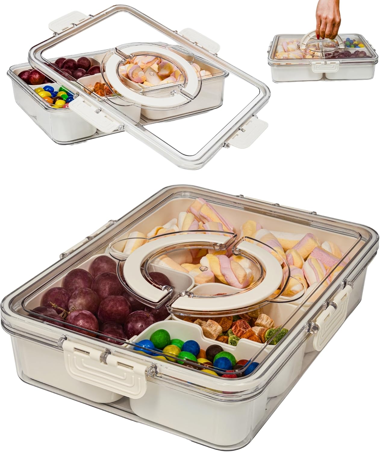 Mason & Meadow Small Snackle Box Container - Travel Snack Box Container - Snacklebox - Divided Serving Tray With Lid and Handle - Portable Snack Tray With Lid - Snackle Boxes (4 Compartments - Cream)