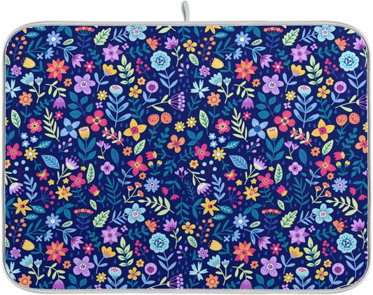 Cute Floral Flowers Dish Drying Mat for Kitchen Counter Absorbent Microfiber Drying Pad, Medium 16x18 in, Reversible Drainer Mats