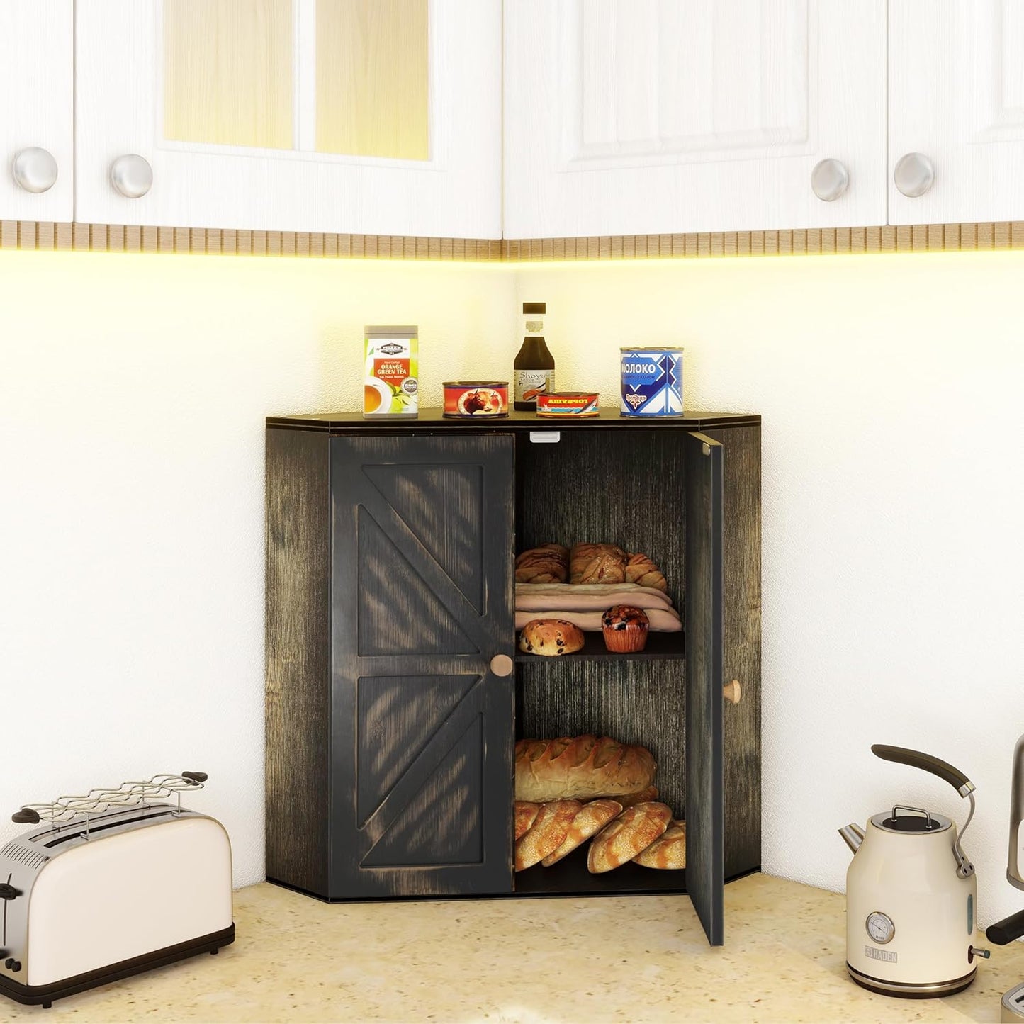 Corner Bread Box for Kitchen Counter Double Layer Bamboo Bread Storage Container Large Capacity Bread Storage Bin Farmhouse Breadbox Organizer (Antique Black)