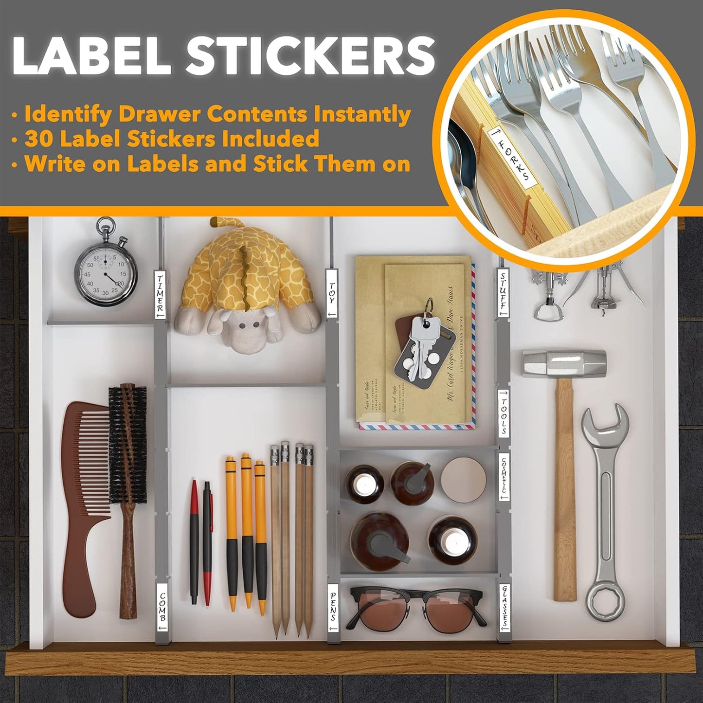 SpaceAid Bamboo Drawer Dividers with Inserts and Labels, Kitchen Adjustable Drawer Organizers, Expandable Organization for Home, Office, Dressers, 4 Dividers with 9 Inserts (17"-22" Gray)