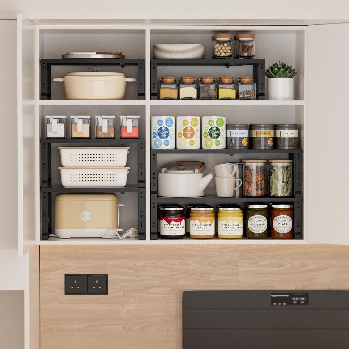 Heavy-Duty Adjustable Metal Shelf Organizer - Expandable & Stackable Pantry Storage Rack for Kitchen, Bathroom, RV, Cabinets(3 Packs/Black, Medium)