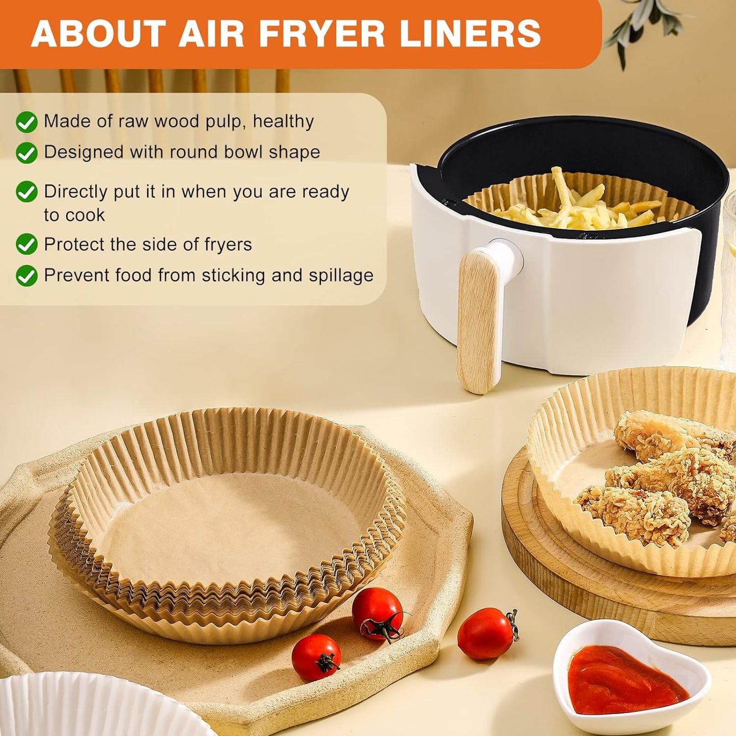 Vailnd Disposable Air Fryer Paper Liners, 9 Inch Max Xl Large Cooker Airfryer Parchment Paper Liners, 100Pcs Oil Proof Round Basket Bowl Liner Baking Paper for 8-12 QT Air Fryer Microwave