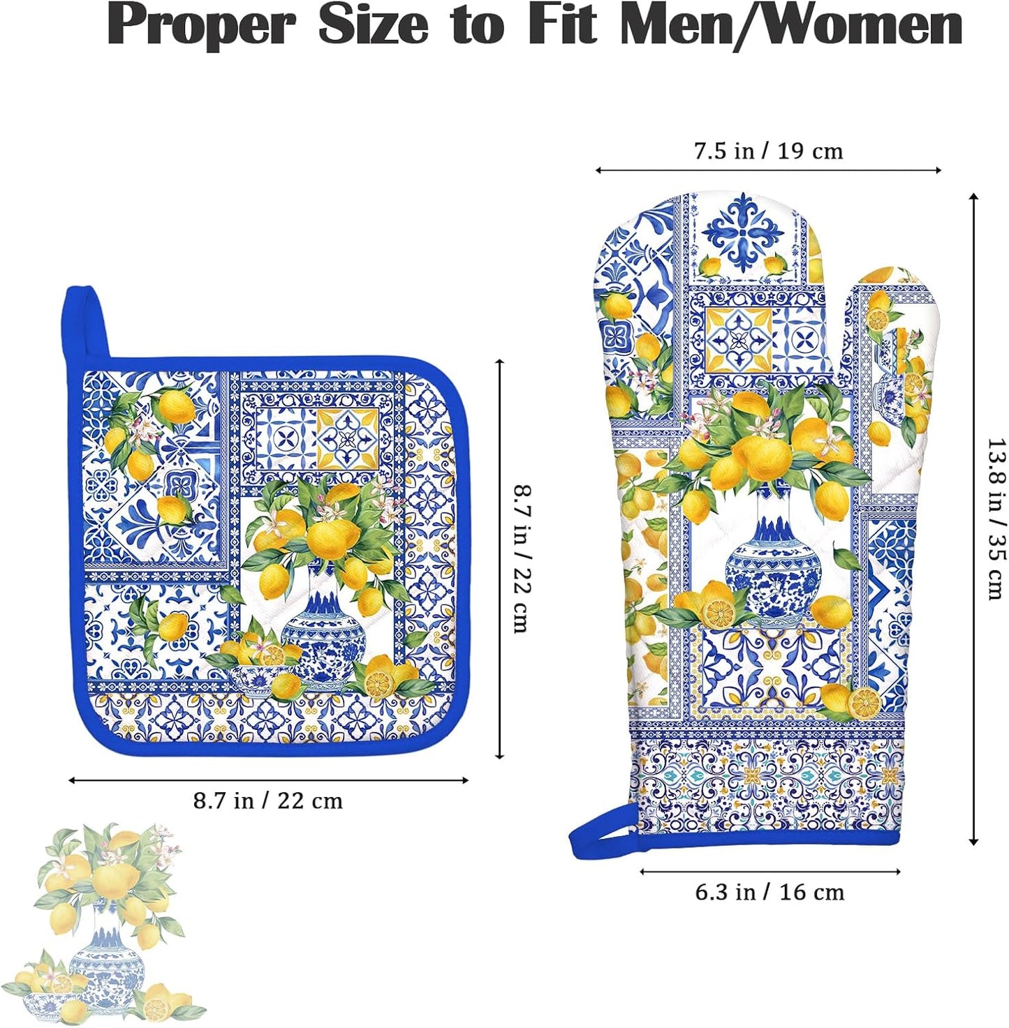 Yellow Lemon Oven Mitts and Pot Holders Sets 4Pcs, 100% Cotton Heat Resistant, Extra Long Oven Gloves Potholder for Kitchen Cooking Baking Decoration