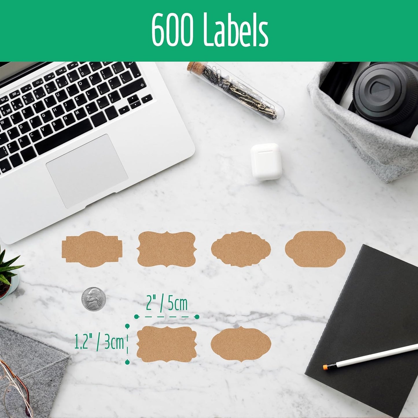 600 PCS Kraft Paper Stickers, 6 Fancy Shapes Labels Self Adhesive Blank Stickers Crafts, Homemade Food Jars, Gift Tags, Name Labels, Envelope Labels, Home Office Business Uses (1.2'' x 2'') (Heba496)