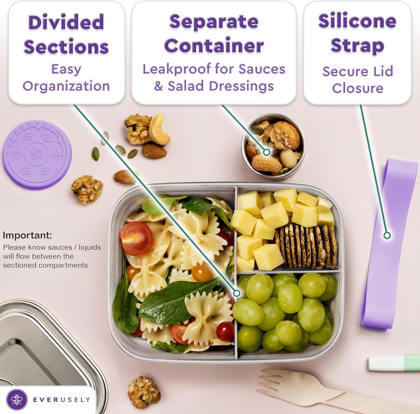 Everusely - Bento Box - Lavender, 37oz / 1.1 L - Stainless Steel Lunch Box with Leakproof Condiment Container - 3 Compartment Snack Organizer for On the Go Meals - Freezer & Dishwasher Safe