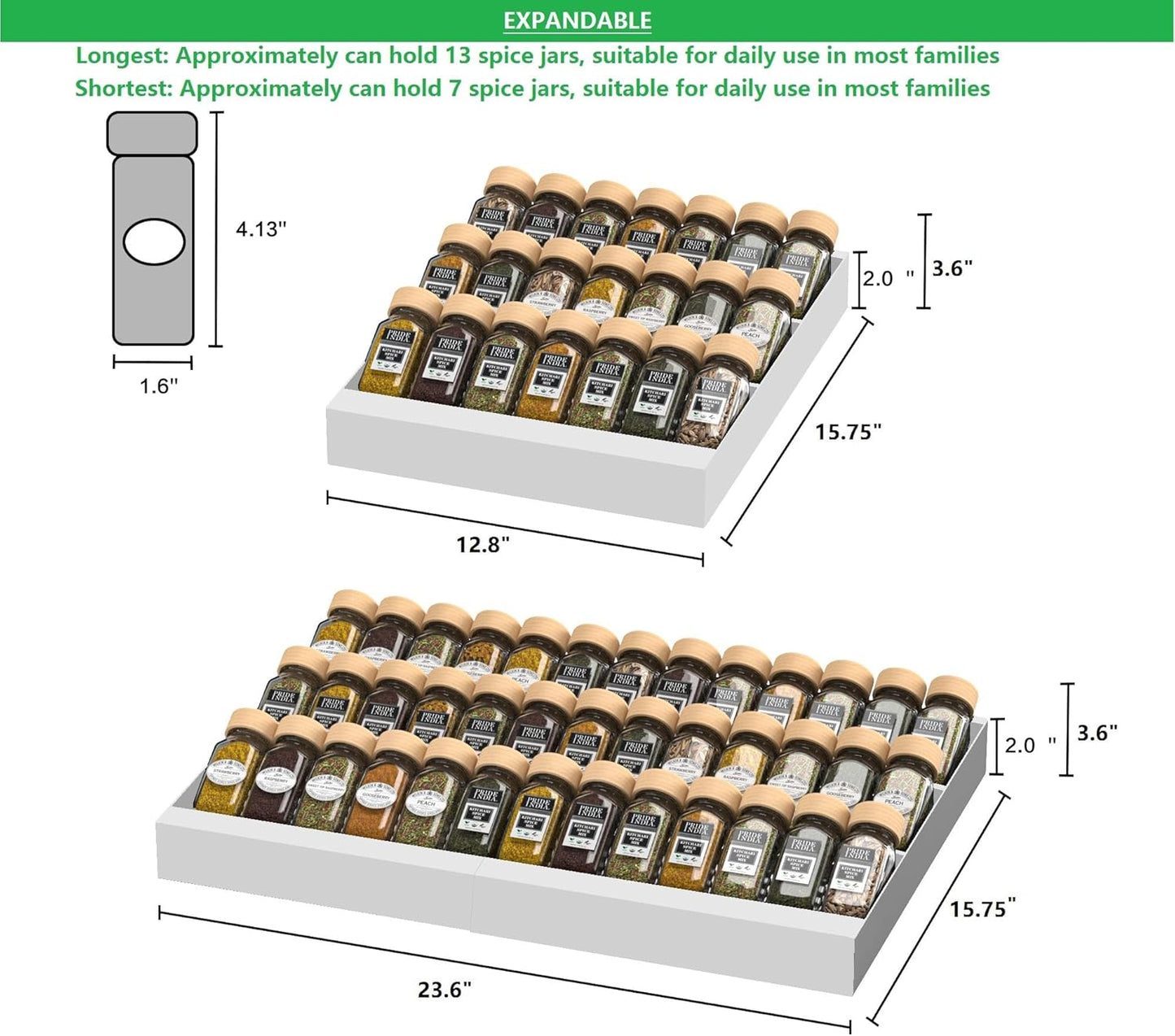 Expandable Metal Spice Drawer Organizer,3-Tier,Slanted Seasoning Jars Tray for Kitchen Cabinet Drawers Insert/Countertop (Jars not included)-3Tier,1pack/White
