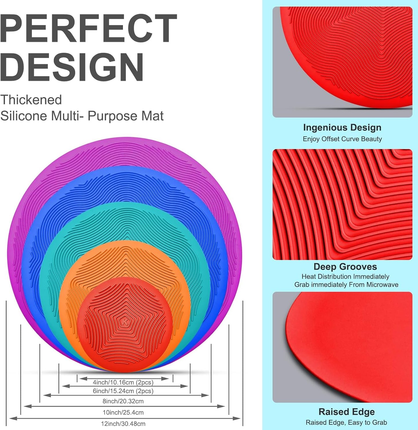 KooMall 12 10 8 6 4 Inch Multi-Purpose Microwave Mat, as Trivet, Pot Holders, Food Cover, Cup Lids, Drying, Place Mat, Utensils Rest, Heat Pad for Hot Pot Pans Bowls Plates Dishes Kitchen Counter