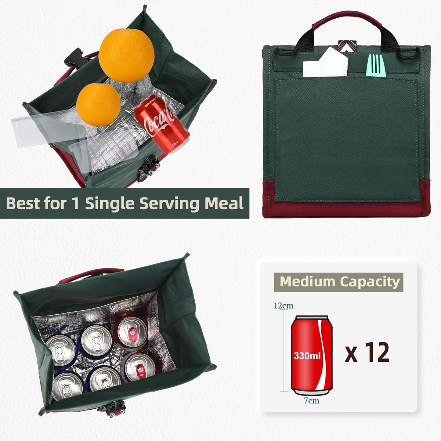 SUNNY BIRD Insulated Lunch Bag Rolltop Lunch Box Tote Bag for Women, Men, Adults and Teens (Green with Boho strap)