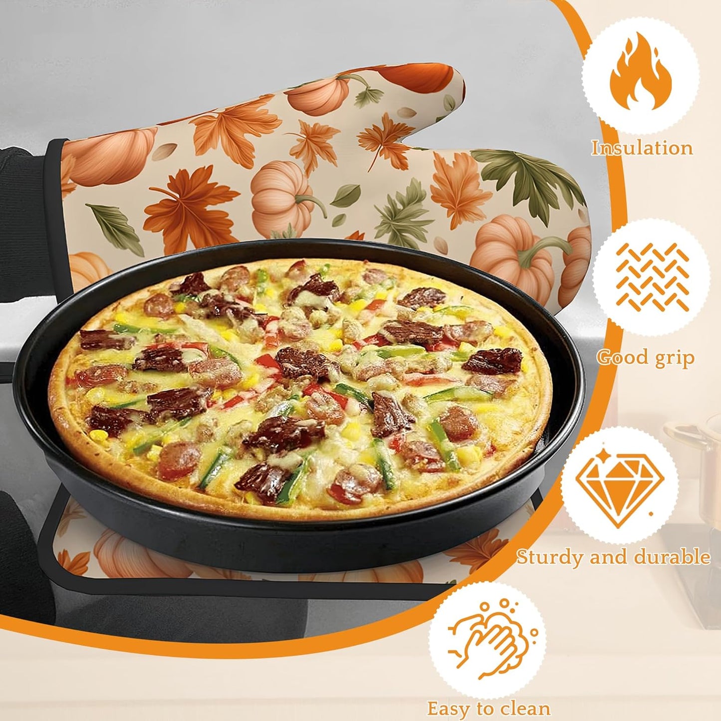 Fall Pumpkin Oven Mitts and Pot Holders,Maple Leaf Heat Resistant Oven Mitts Gloves and Pot Holder for Home Kitchen Decorations Cooking Baking BBQ Gifts,Set of 4