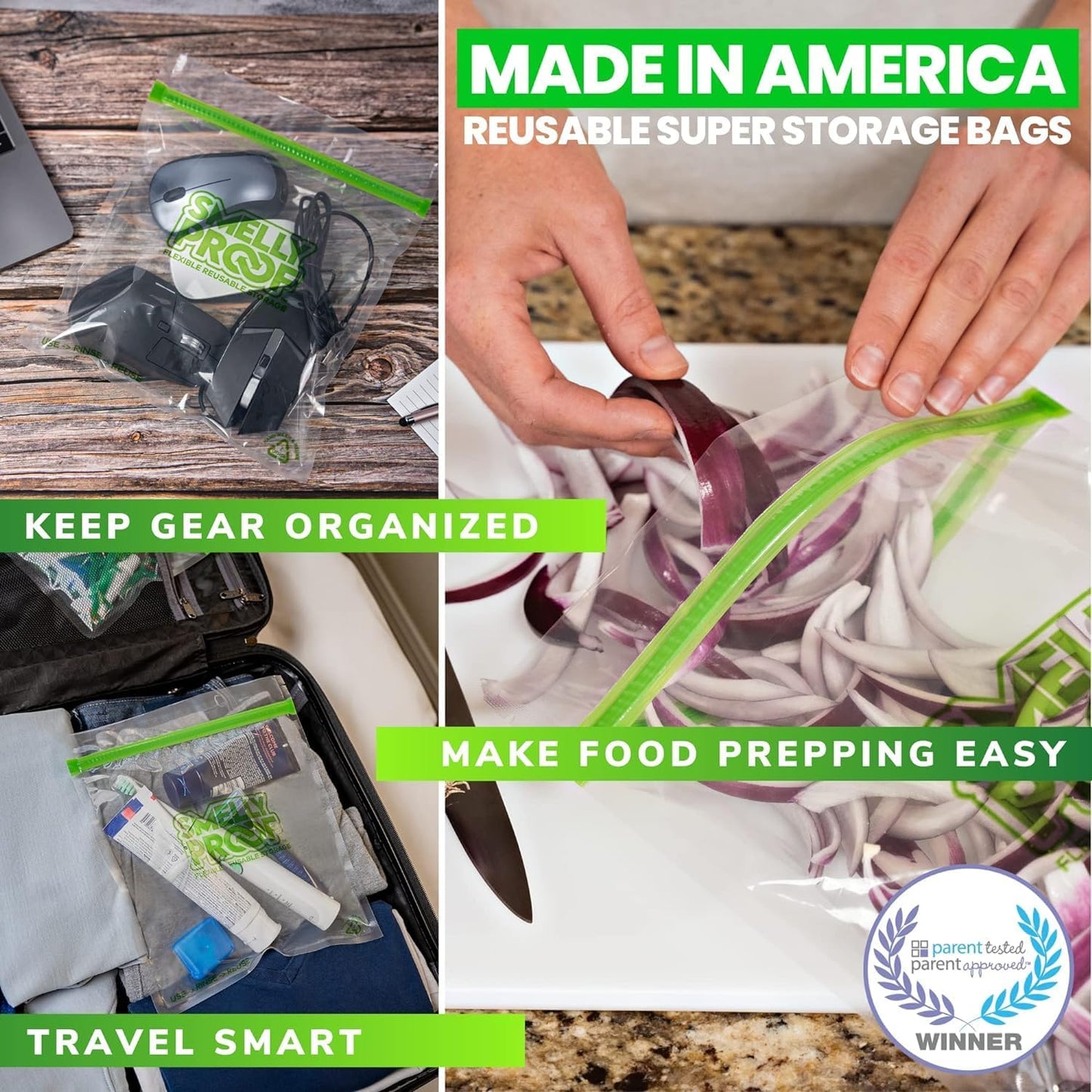 Smelly Proof 50pk Reusable Food Storage Bags - Made in USA, Dishwasher-Safe, BPA FREE, NO PEVA, Clear FLAT Large 3-mil Thick, 8.5" x 10"