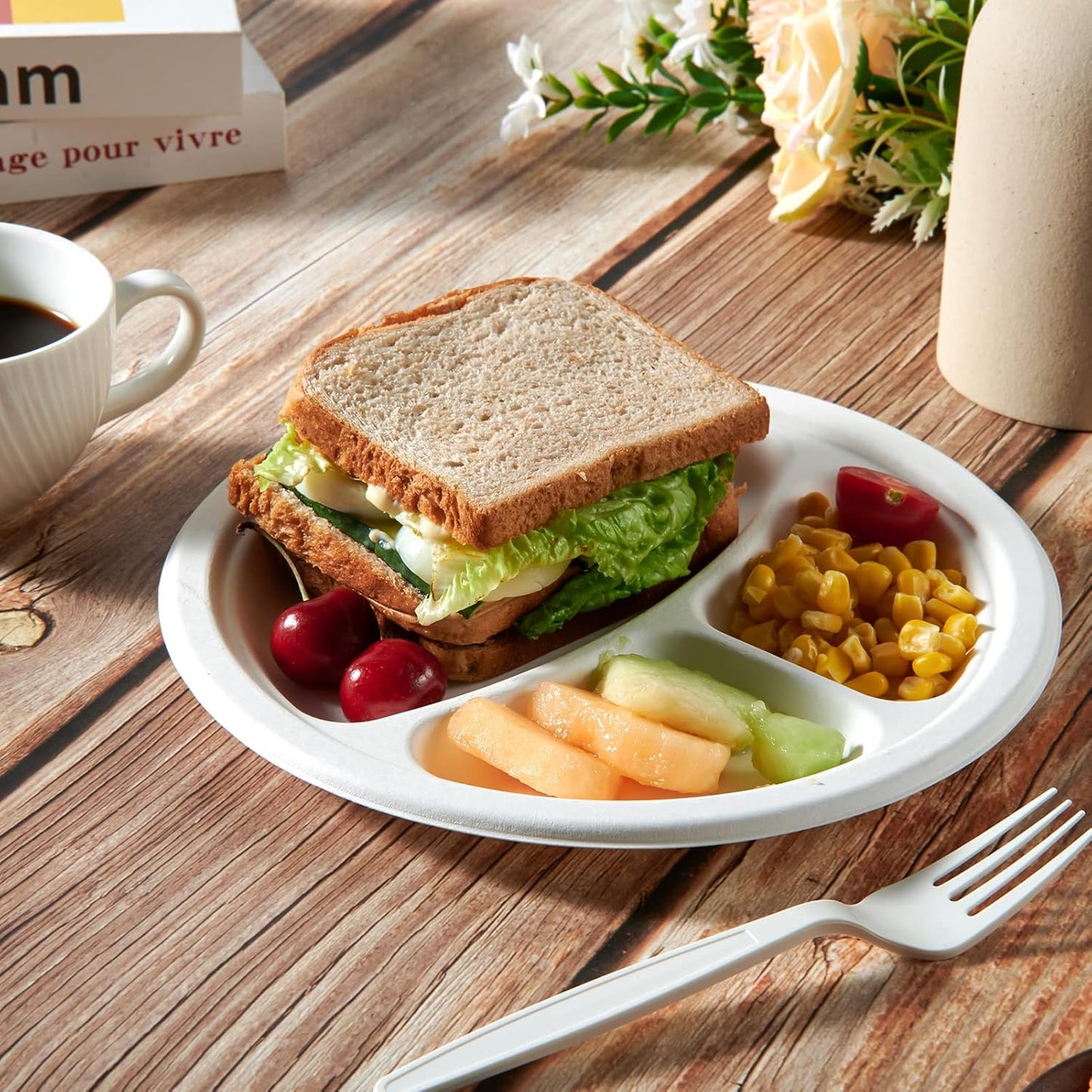 Vplus 100% Compostable Paper Plates, 150 Pack 9 Inch 3 Compartment Plates Disposable, Heavy Duty Biodegradable Plates Made of Sugar Cane Fibers, for Daily meals, Dinner, Parties, BBQ