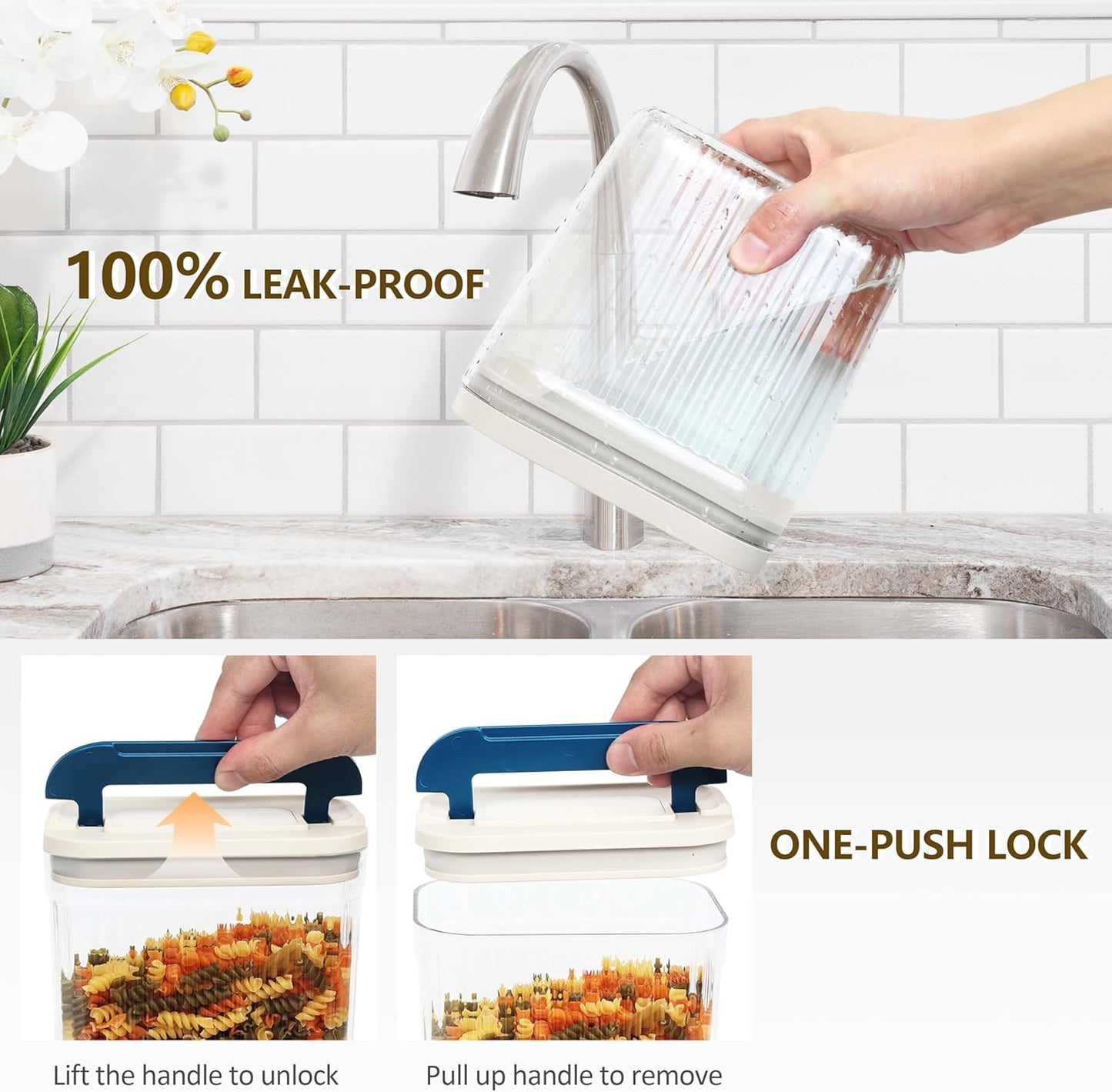 Flip-Lock Airtight Food Storage Containers 6-PC (0.6 Qt*2+1.6 Qt*3+3.4 Qt),Leakproof Ring Seal Top,Anti-Slip Pantry Canister for Flour Sugar,Coffee,Dog Food Treat,Rectangle White