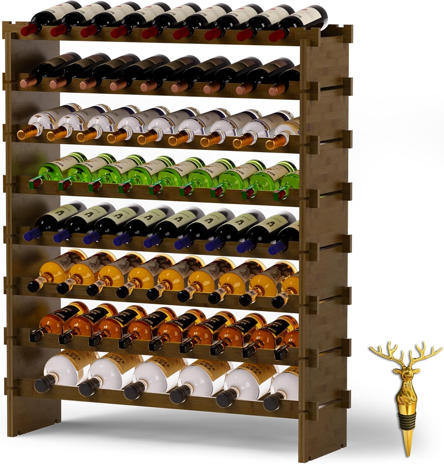 Wine Rack Freestanding Floor, Bamboo 8-Tier 69 Wine Bottle Holder Racks Countertop Cabinet Display, Wooden Stackable Modular Wine Storage Organizer Shelves for Kitchen Bar Cellar Dining Room Walnut