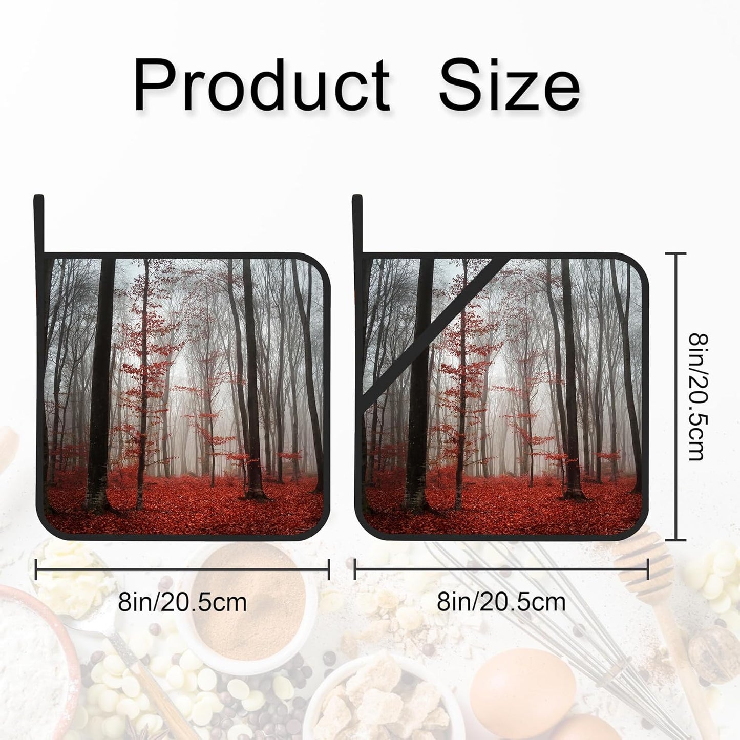 Pot Holder Set of 2,Misty Forest Red Kitchen Heat Resistant Potholder for BBQ Cooking Baking,Food Hot Pat for Women Men Kitchen Wear