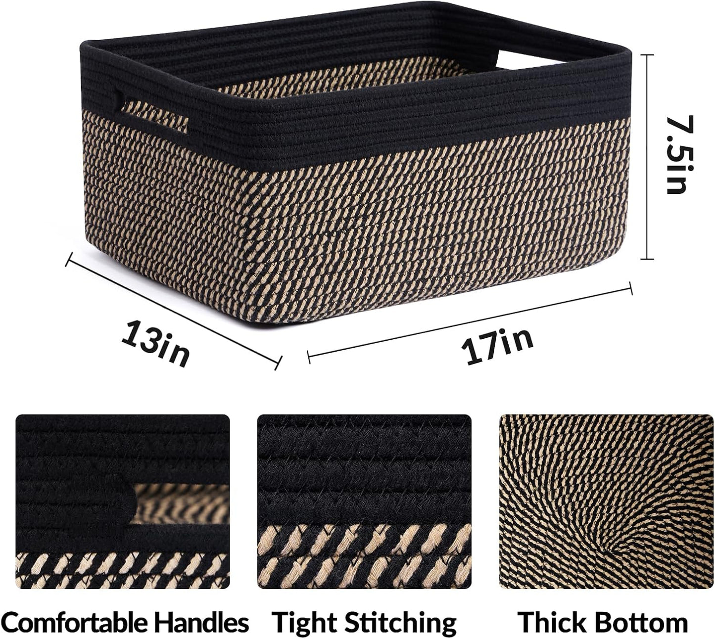 Large Storage Baskets for Organizing, Closet Shelf Baskets for Clothes Blanket Towels, Baby Nursery, Toy Bins Box, Woven Rope Baskets, 17 x 13 x 7.5”, 4 Packs Woven Brown