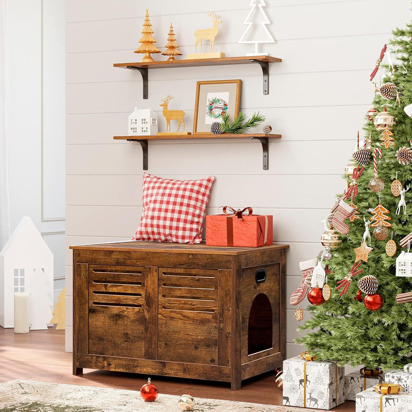 DINZI LVJ Long Wall Shelves, 31.5Inch Wall Mounted Shelves Set of 4, Extra Large Floating Storage Ledges with Sturdy Metal Brackets for Living Room, Bathroom, Bedroom, Kitchen, Rustic Brown