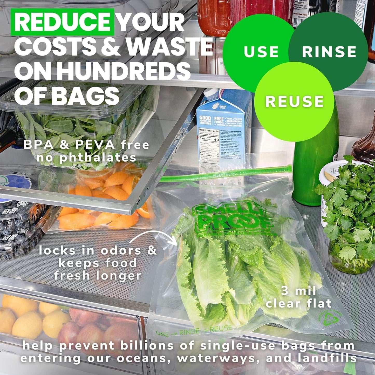 Smelly Proof 50pk Reusable Freezer Bags - Made in USA, Dishwasher-Safe, BPA FREE, NO PEVA, XXL 2-Gallon, Clear FLAT 12" x 16"