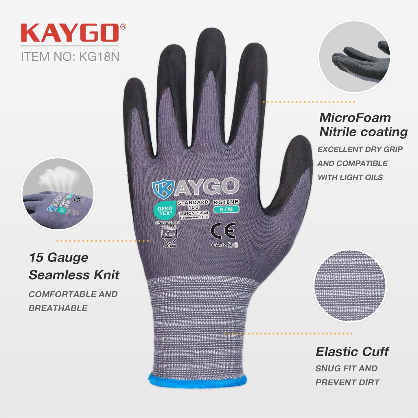 KAYGO Safety Work Gloves MicroFoam Nitrile Coated, 12 Pairs KG18NB,Seamless Knit Nylon Glove for Men and Women, Ideal for Automotive,Warehouse,Construction (2X-Large,Gray)