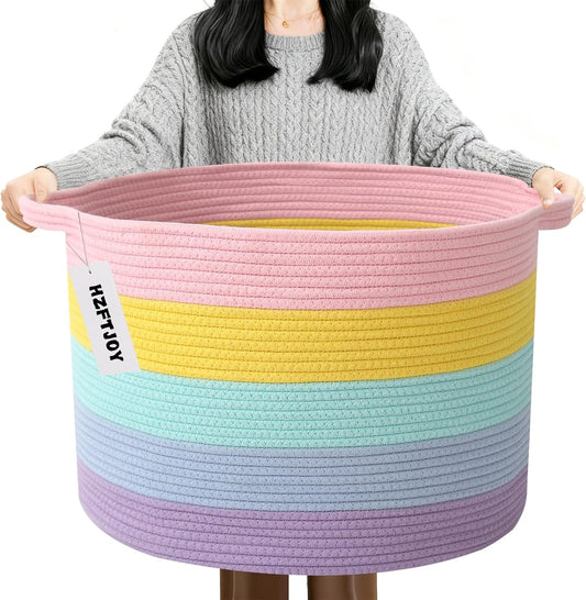 Large Blanket Basket for Organizing,115L Closet Organizers and Storage Bins Box for Shelves Woven Rope Storage Baskets,Living Room,Bedroom,Dorm,Laundry room (Colorful)