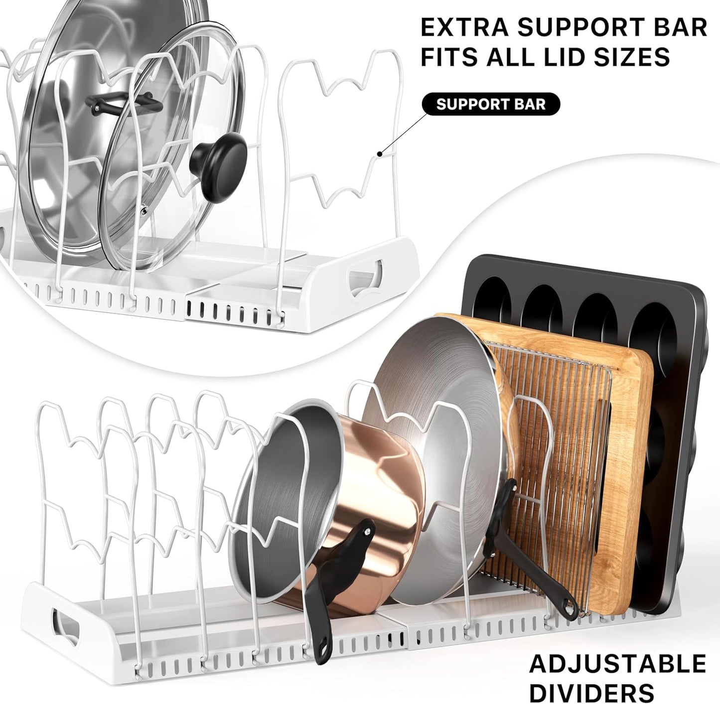 SIMPLE HOUSEWARE Expandable Pan Organizer Rack, 10 Adjustable Compartments, White - Kitchen Cabinet Organizer for Pots, Pans, Lids & Bakeware - Pantry & Countertop Storage