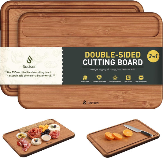 Bamboo Cutting Board for Kitchen Non Toxic Durable Wooden Cutting Boards with Deep Juice Grooves, Ideal Charcuterie Chopping Large for Meat Vegetables Fruits Cheese BBQ Ideal Kitchen Cool Unique Gifts