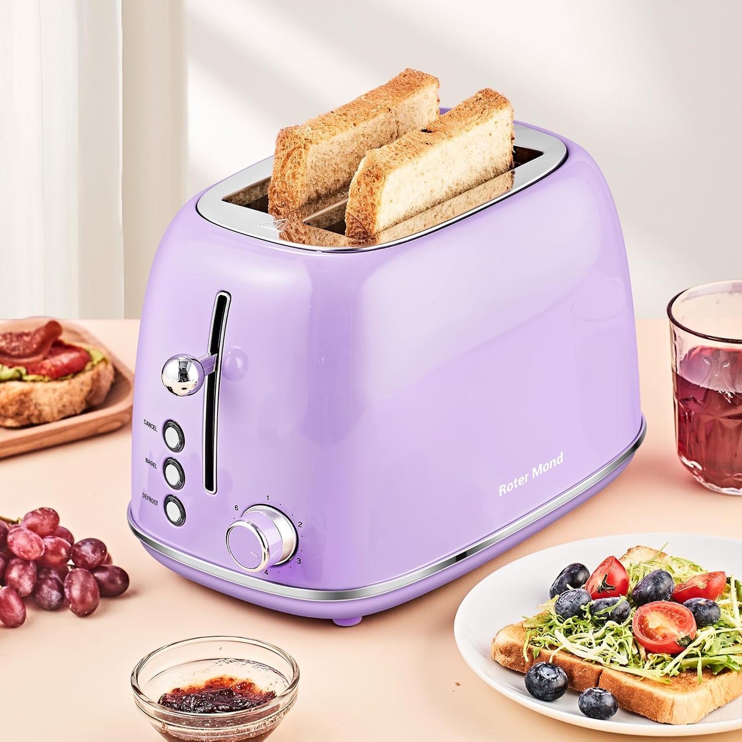 2 Slice Toaster Retro Stainless Steel with Bagel, Cancel, and Defrost Functions, 6 Bread Shade Settings, Extra Wide Slots and Removable Crumb Tray, Lavender-Purple