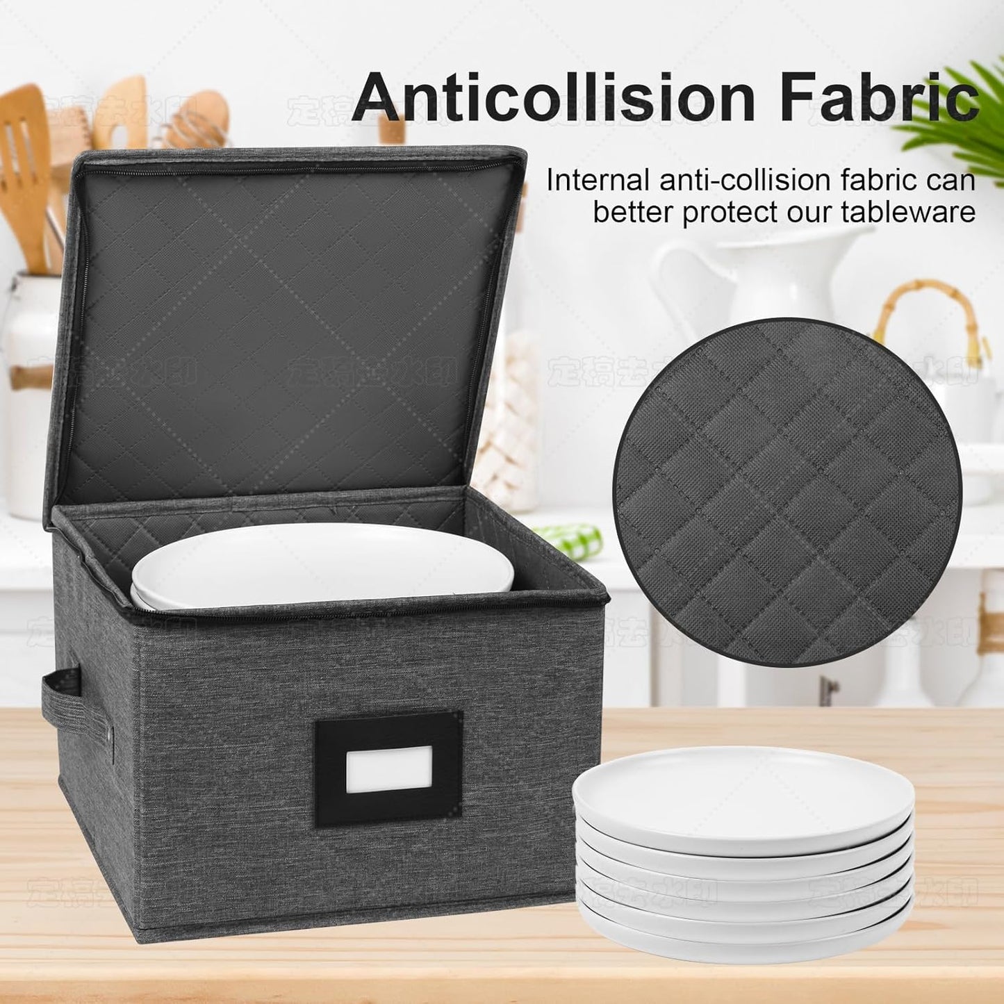 Mayniu China Storage Containers Hard Shell, 12" Plate Storage Containers for Dishes, Stackable Dinnerware Storage with 48 Felt Dividers (4 Pack Black)