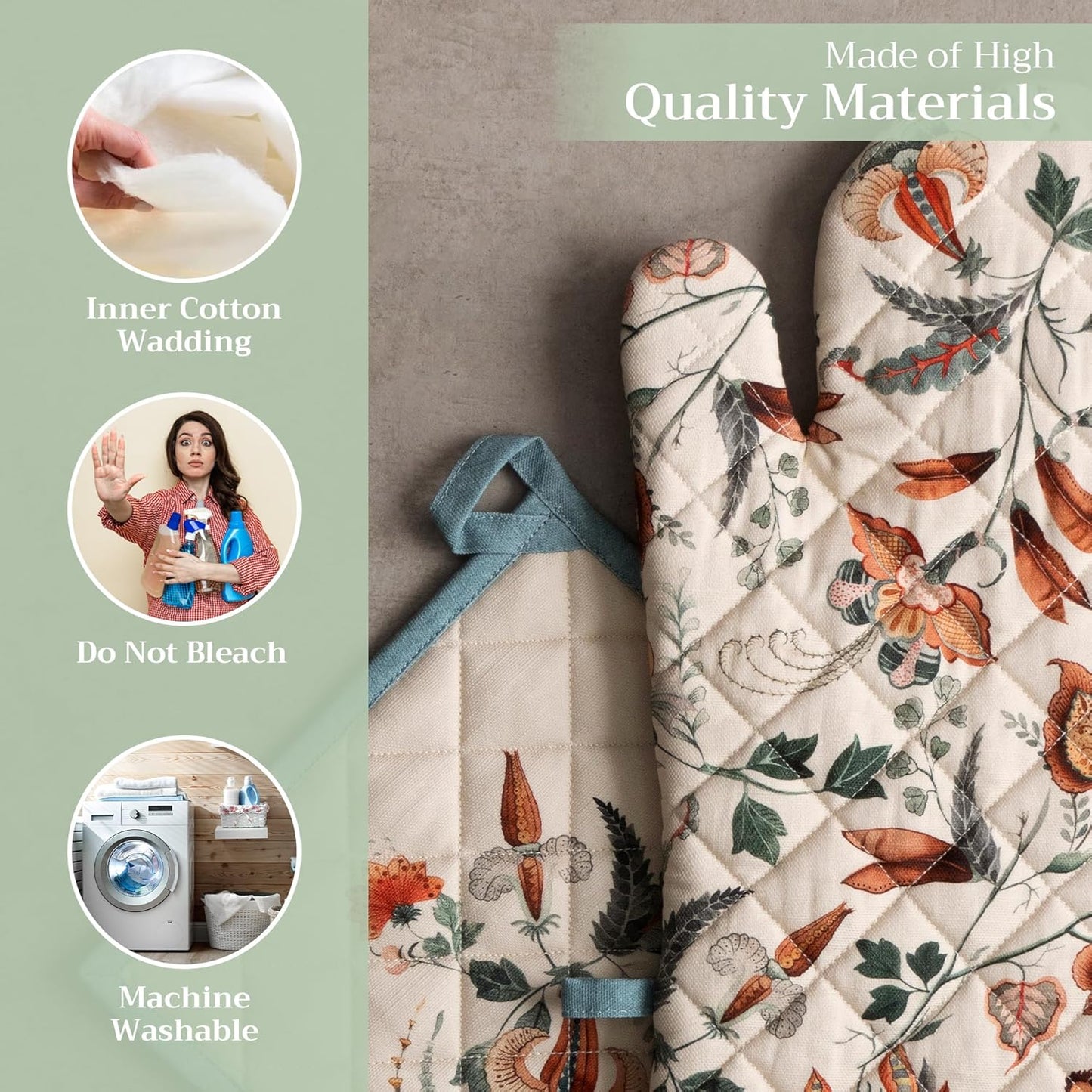 Maison d' Hermine 100% Cotton Oven Mitt & Pot Holder Set (7.5"x13" & 8"x8") Heat Resistant BBQ Cooking Gloves with Loop, Baking, Grilling, Kitchen, Handling Hot Pans (Dalida)