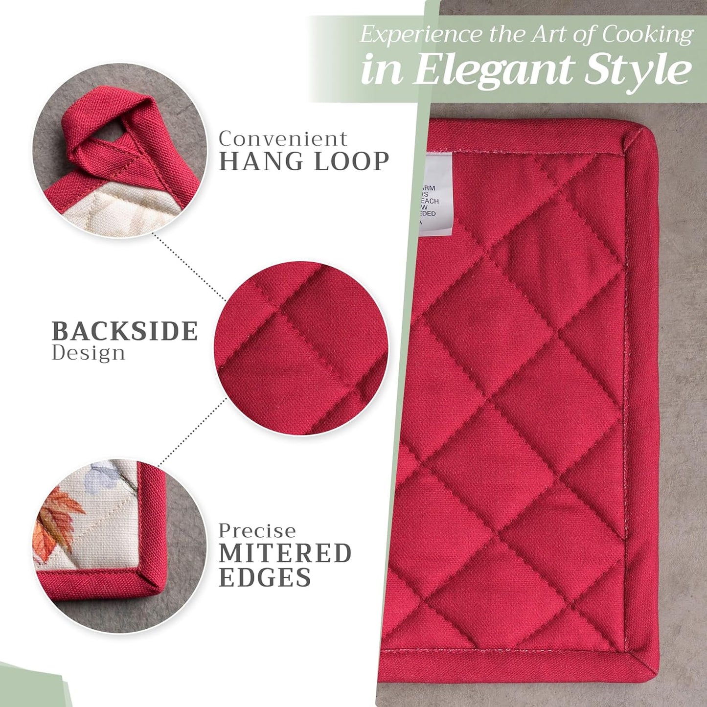 Maison d' Hermine 100% Cotton Oven Mitt & Pot Holder Set (7.5"x13" & 8"x8") Heat Resistant BBQ Cooking Gloves with Loop, Baking, Grilling, Kitchen, Handling Hot Pans (Equinoxe - Beige)