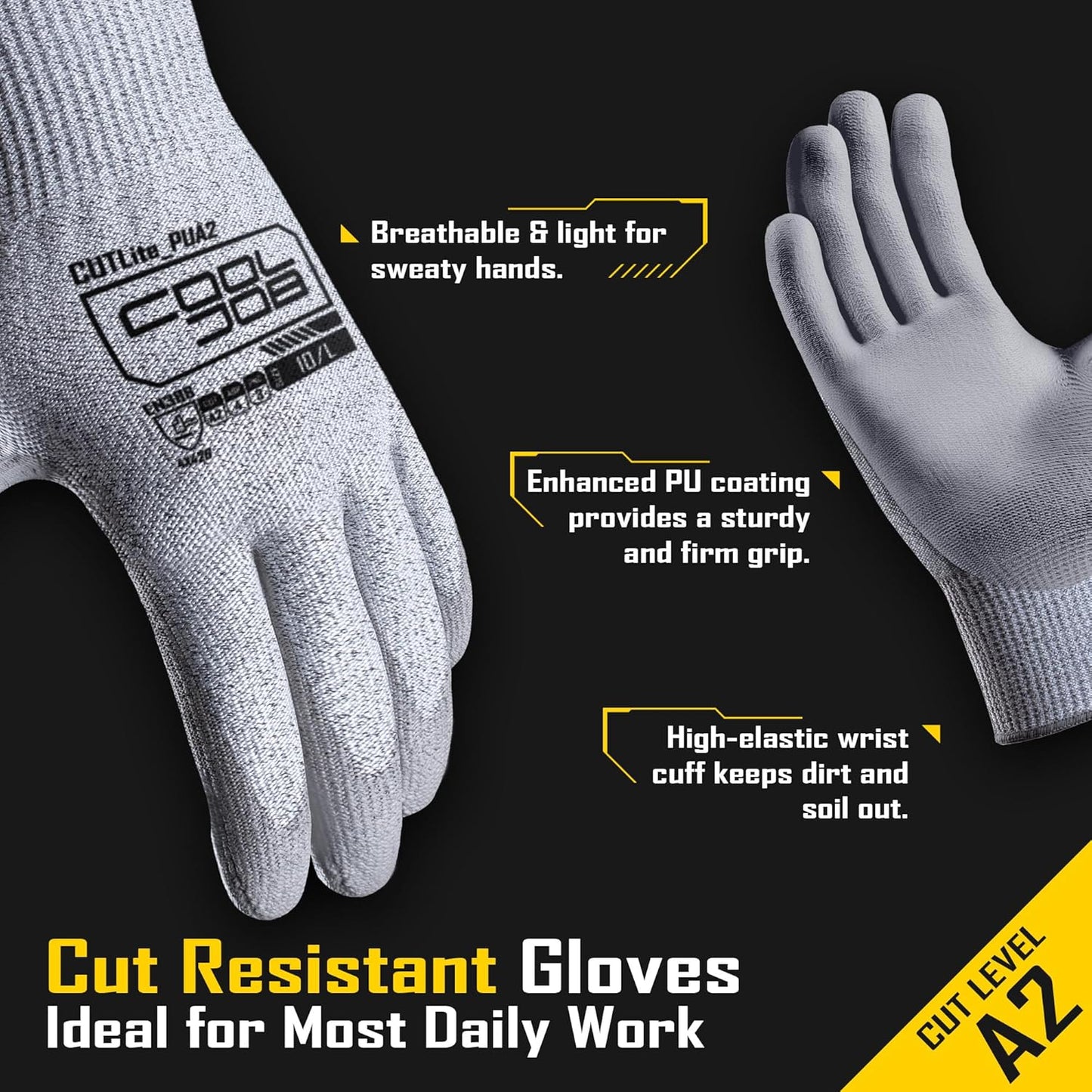 COOLJOB 12/120 Pairs Cut Resistant Safety Work Gloves with Grip, 13 Gauge Seamless Shell with PU Coating, ANSI A2 A4, Gray