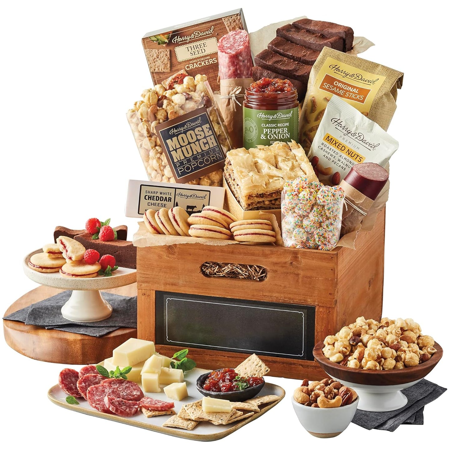 Harry & David Deluxe Everyday Sharing Gift Basket For All Occasions, Food Gift Baskets With Popcorn, Salami, Sausage, Cheese, Crackers, Nuts, Sesame Sticks, Baklava, Rainbow Gummies And Chocolate Cake