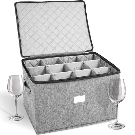 storageLAB Wine Glass Storage Containers, Hard Shell Organizer for Stemware and Glassware Sets, Stackable Wine Glass Storage Box with Dividers for Kitchen and Moving Supplies - 1 Pack, Gray