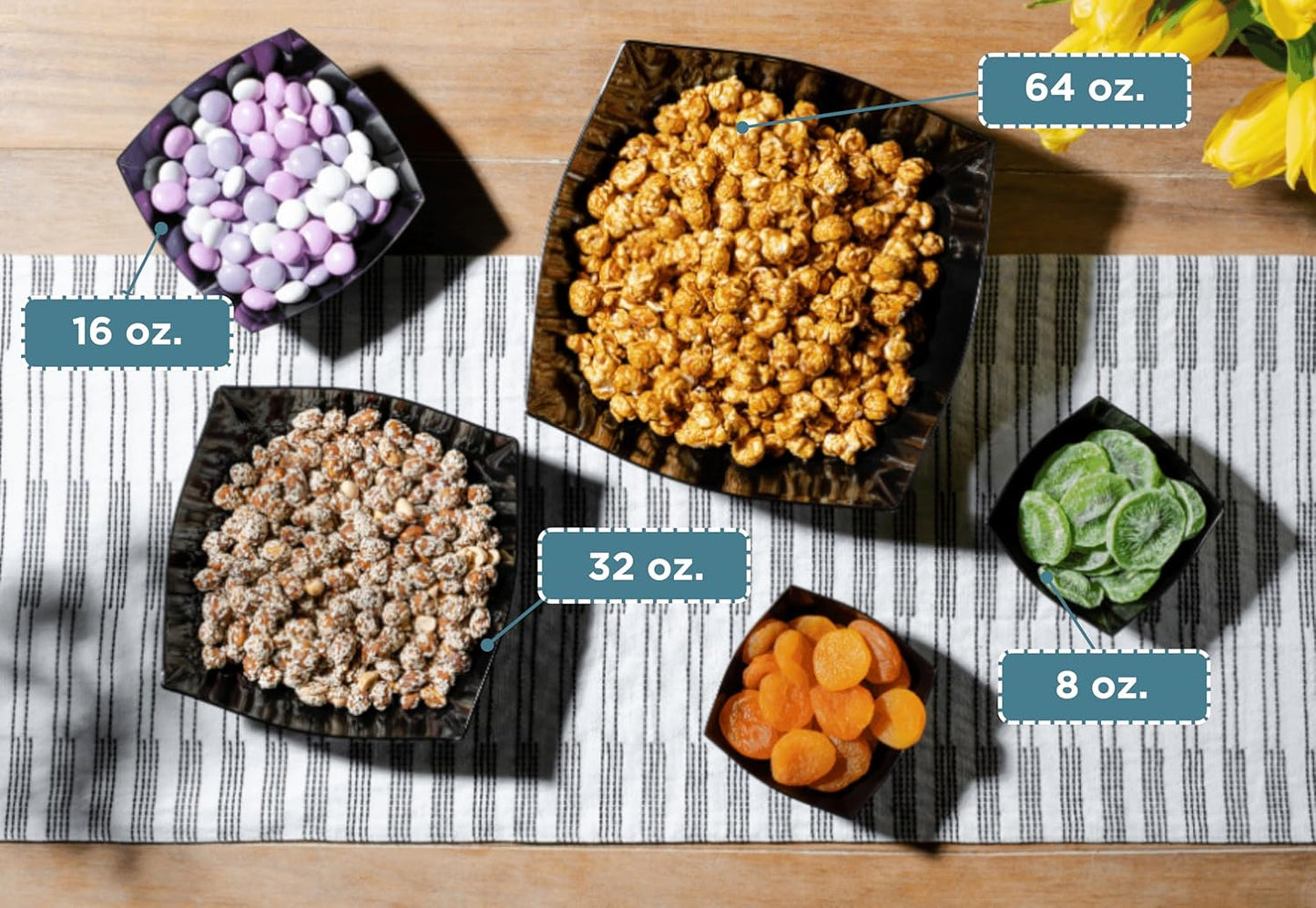 Posh Setting - Black Plastic Serving Bowls for Party (8oz - 4 Pack) Square Bowls, Disposable Chip Bowls, Candy Bowls for Party Table, Salad & Fruit Bowls for Party, Candy Containers for Candy Buffet