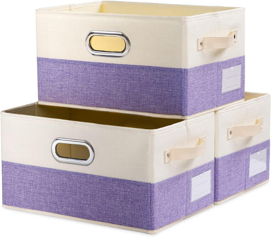 PRANDOM Large Fodable Storage Bins for Closet [3-Pack] Decorative Fabric Storage Baskets Cubes with Leather/Metal Handles for Shelves Bedroom Living Room Purple&Cream (14.9x9.8x8.3 Inch)
