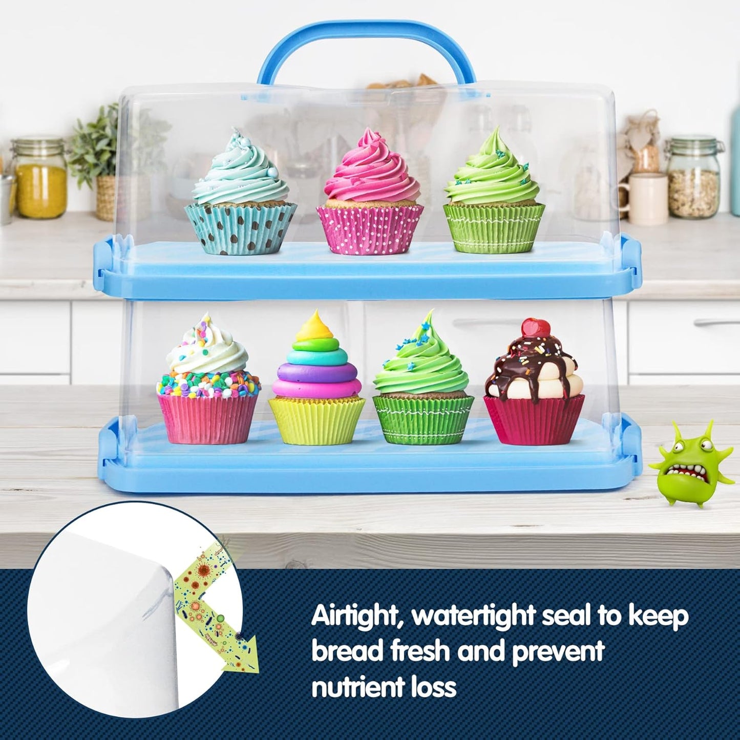 2-Pack Plastic Rectangular Bread Box with Clear Lid, Loaf Cake Keeper, Portable Bread Keeper Storage Container with Handle (Blue)