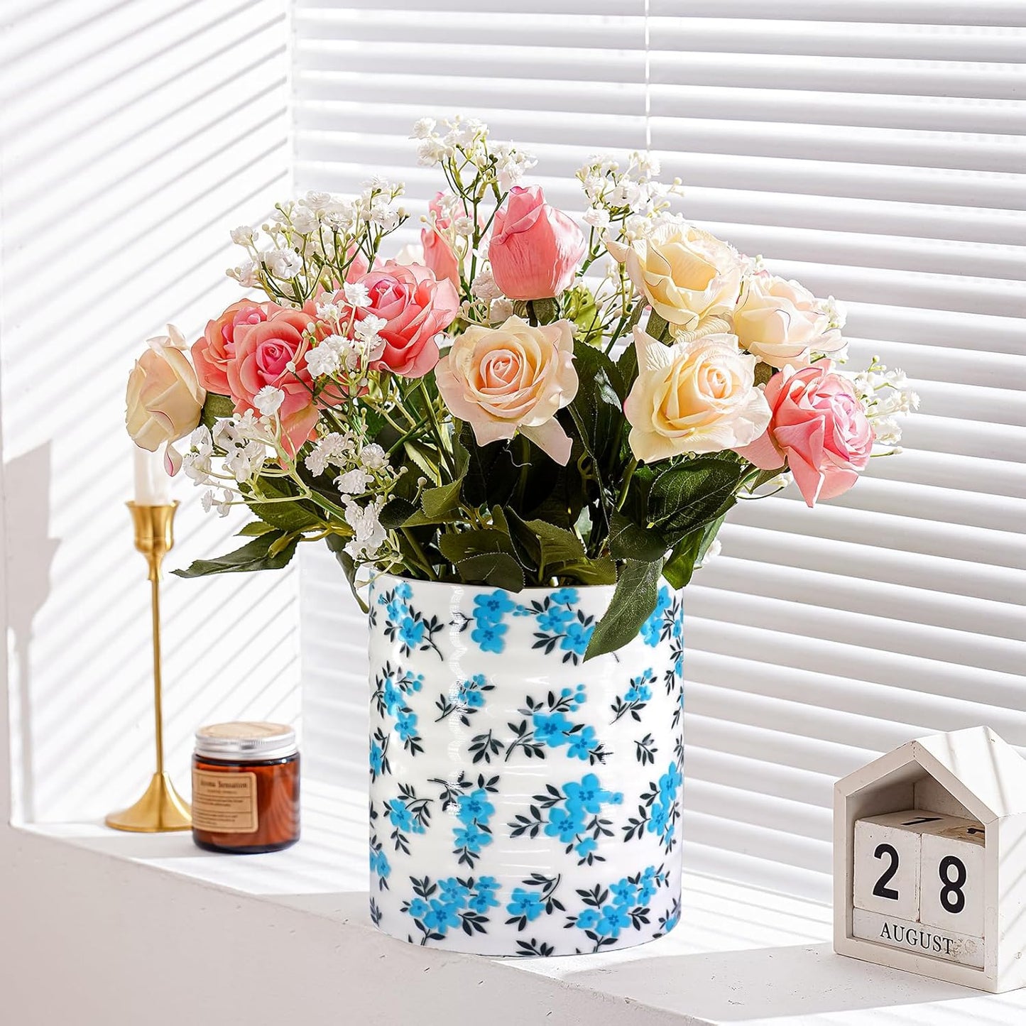 Kitchen Utensil Holder,7.2″Extra Large Stable Pattern Ceramic Utensil Crock,Utensil Organizer for Countertop,Kitchen Decor,Utensil Holder for Housewarming,Wedding Gift (Teal Blue)