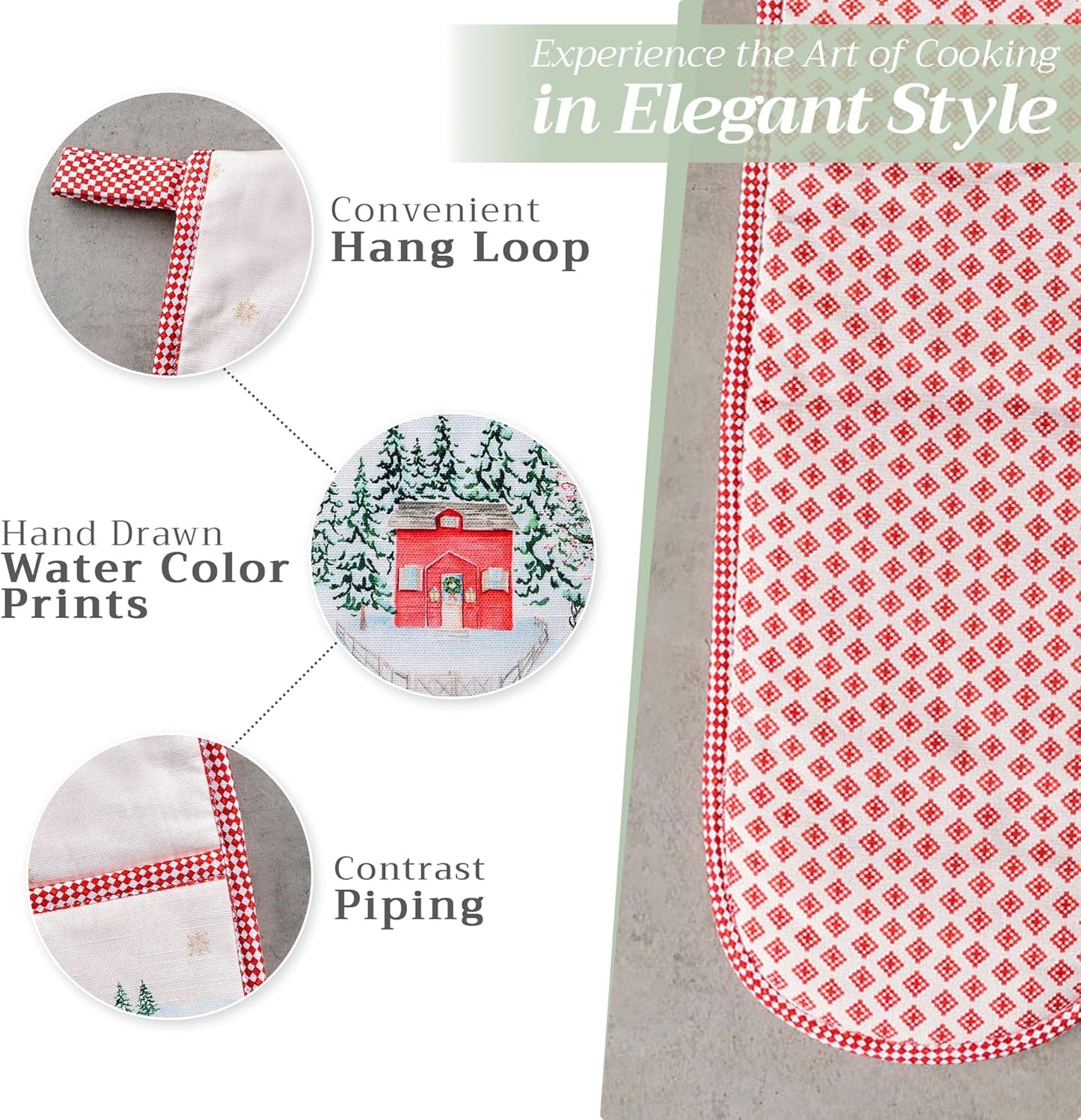 Maison d' Hermine Double Oven Mitts 100% Cotton 7"x35" Double Oven Mitt Heat Resistant BBQ Cooking Gloves with Loop, Baking, Grilling, Home, Kitchen, Handling Hot Pans (Rural Christmas)