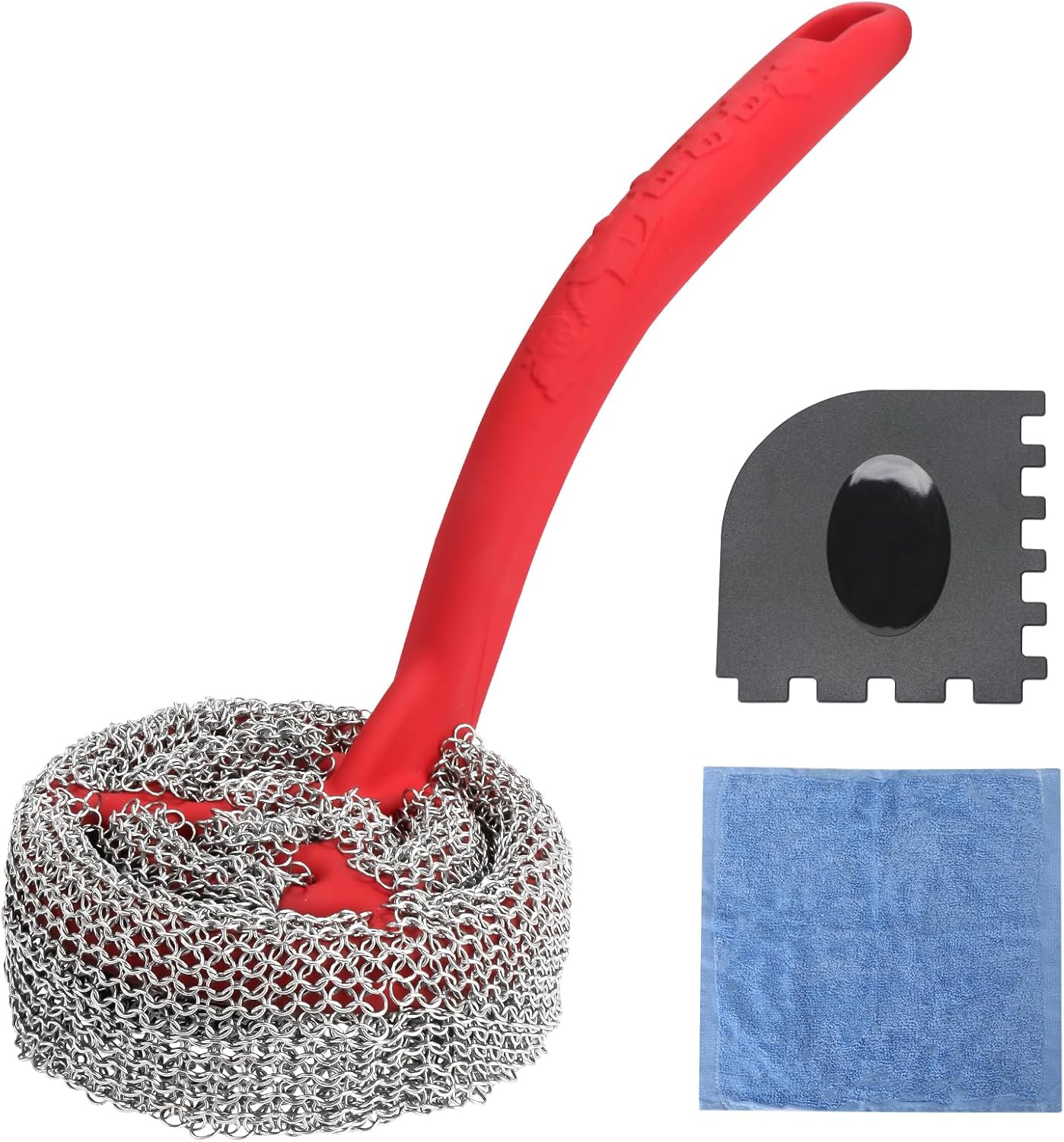 Cast Iron Chainmail Scrubber with Handle （ABS） - Cleaner for Pans and Pots - Premium Stainless Steel/Silicone Scraper for Skillets - Ergonomic Food-Safe Design - Easy to Clean Cookware Dish Brush