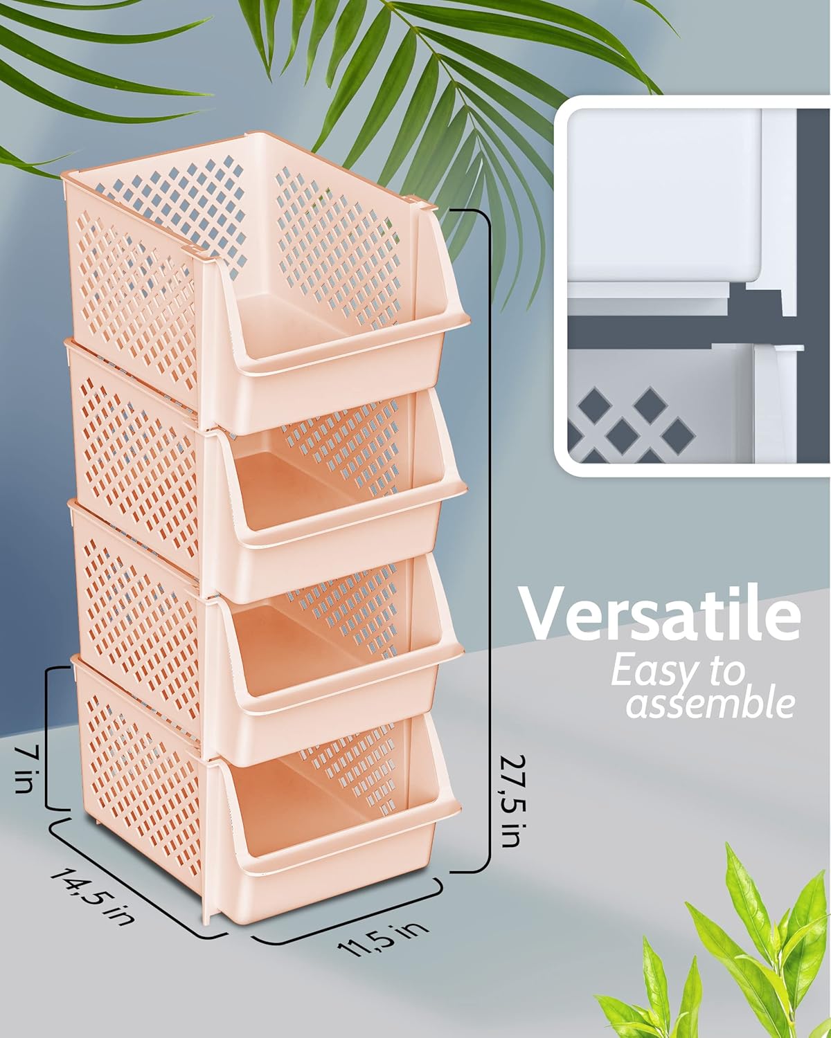 Skywin TidyFriend Stackable Storage Bins for Pantry, 4 Pack Stackable Bins For Organizing Food, Kitchen, and Bathroom Essentials (Cream)