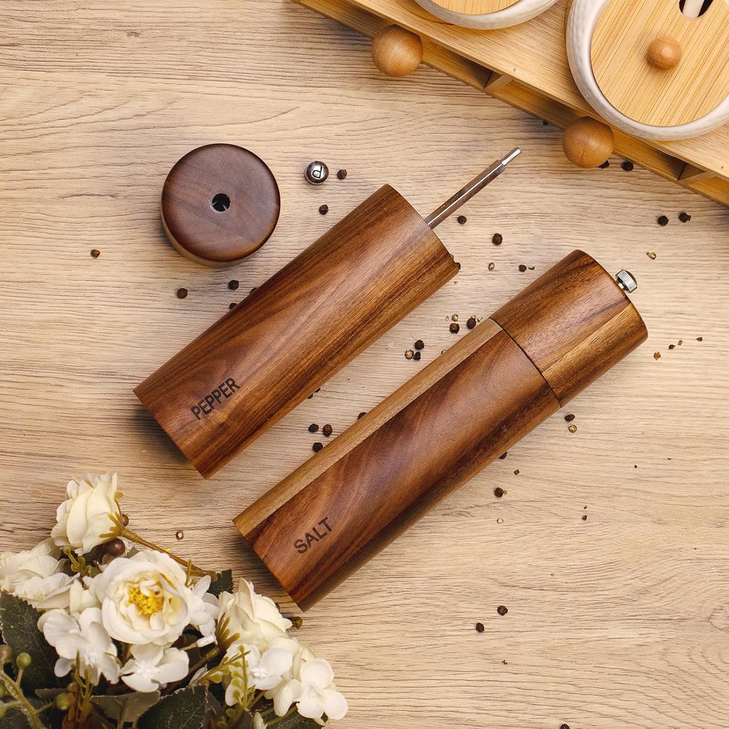 2 Pack Acacia Wooden Salt and Pepper Grinder Set 8 Inches Refillable Salt and Pepper Mills Adjustable Coarseness, Acacia Wood with Ceramic Core Peppercorn Shaker Tableware Birthday Gifts