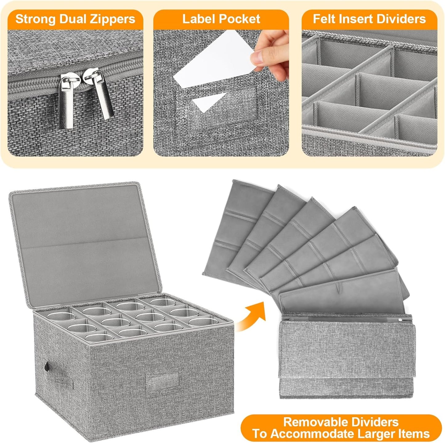 Wine Glass Storage Box 2-Pack, Stemware Container Cases, Stackable w/Hard Shell Top Sides Bottom, Moving Supplies, China Storage Containers for 24 Crystal Glasses Drinkware 10'' Tall, Grey