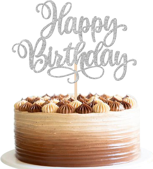 ZHUOWEISM 1 PCS Happy Birthday Cake Topper Glitter Happy Birthday Cake Pick for Celebrating Happy Birthday Anniversary Party Cake Decorations Supplies Silver