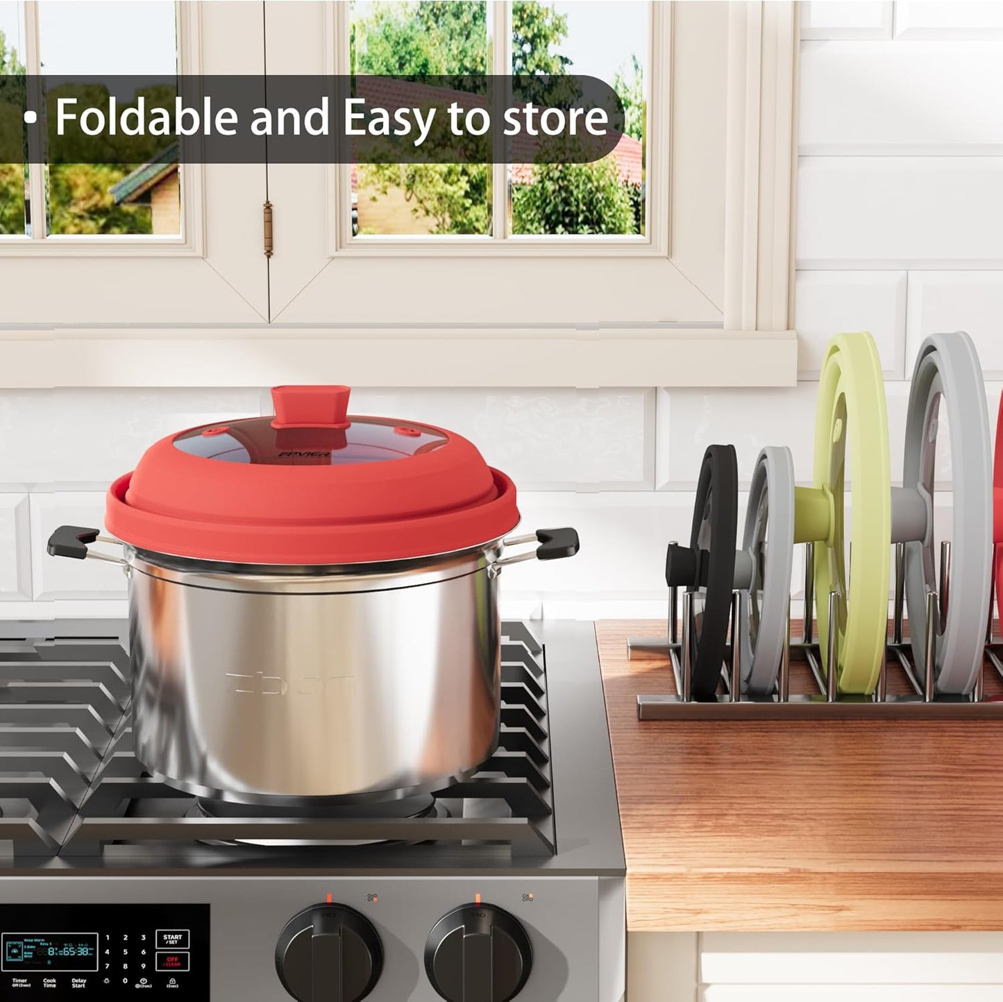 Microwave Splatter Cover, Vented Silicone and Glass Cover Splatter Guard Lid, Food Collapsible Plate Cover Lid with Easy Grip Handle. (Red, 10.8 inch)