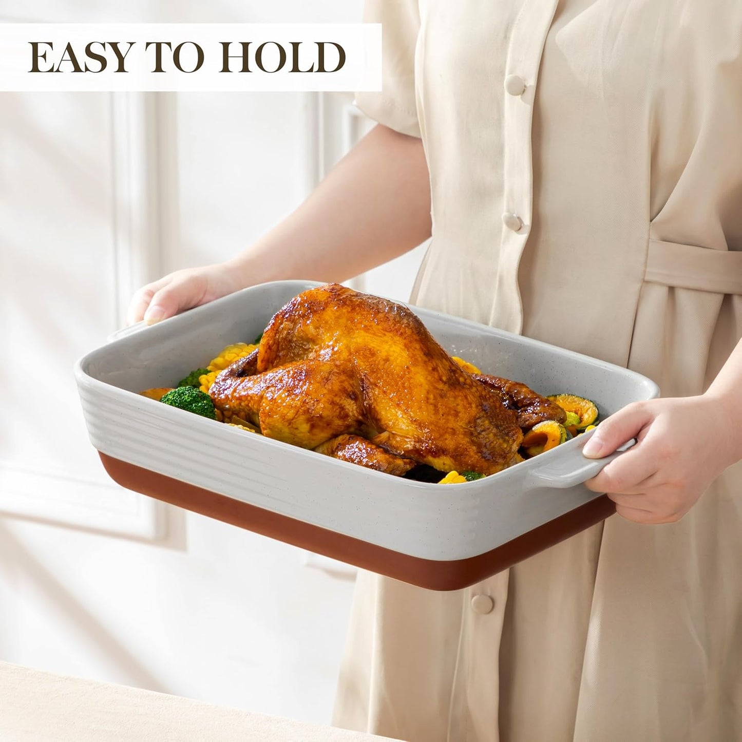 MALACASA Lasagne Dishes for Oven, 4.8 Qt Ceramic Oven Dish with Handles, 9 x 13 Inch Deep Rectangular Baking Dish Casserole Dishes, Grey Lasagna Pan Bakeware for Roasting, Series TARA