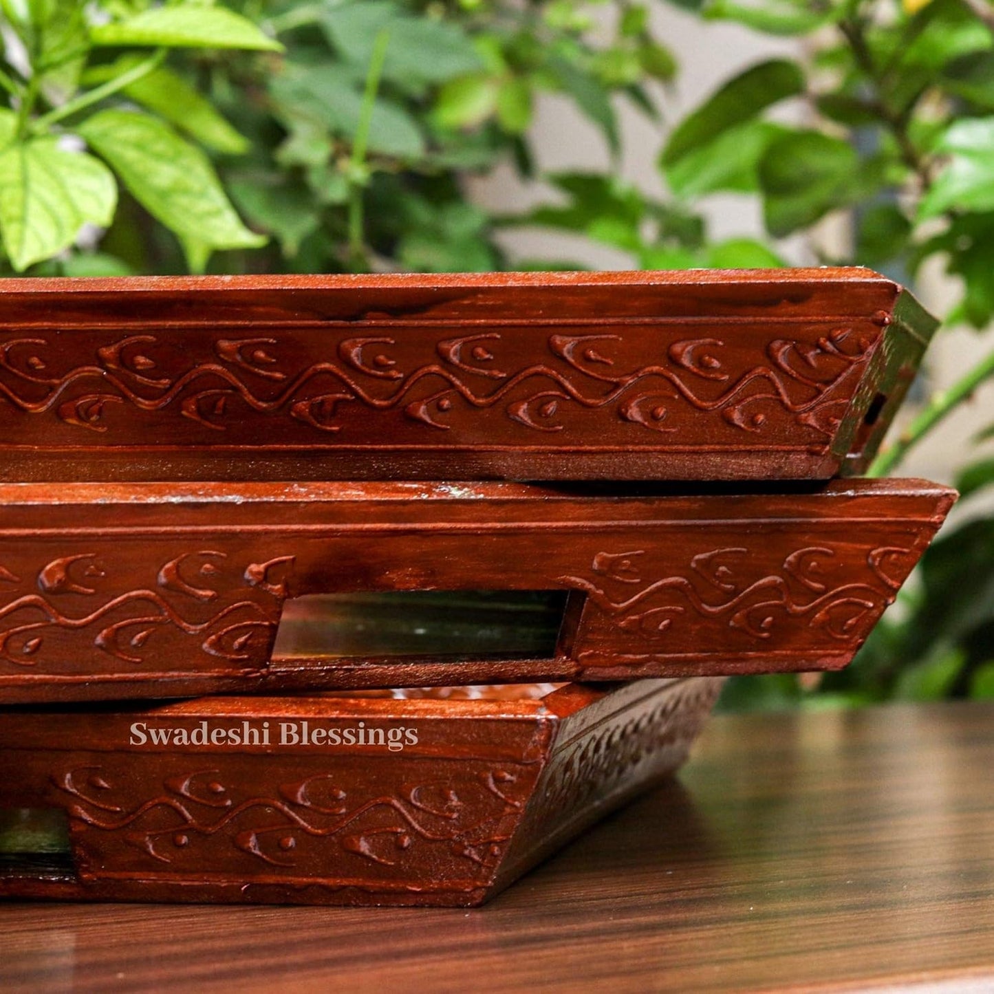 Swadeshi Blessings Wooden Serving Tray Set- Handcrafted & Hand-Painted for Kitchen/Table & Home Decor/Dinning/Gifts/Restaurants/Living Room/Coffee Table (Set of 3 Trays) (Brown)