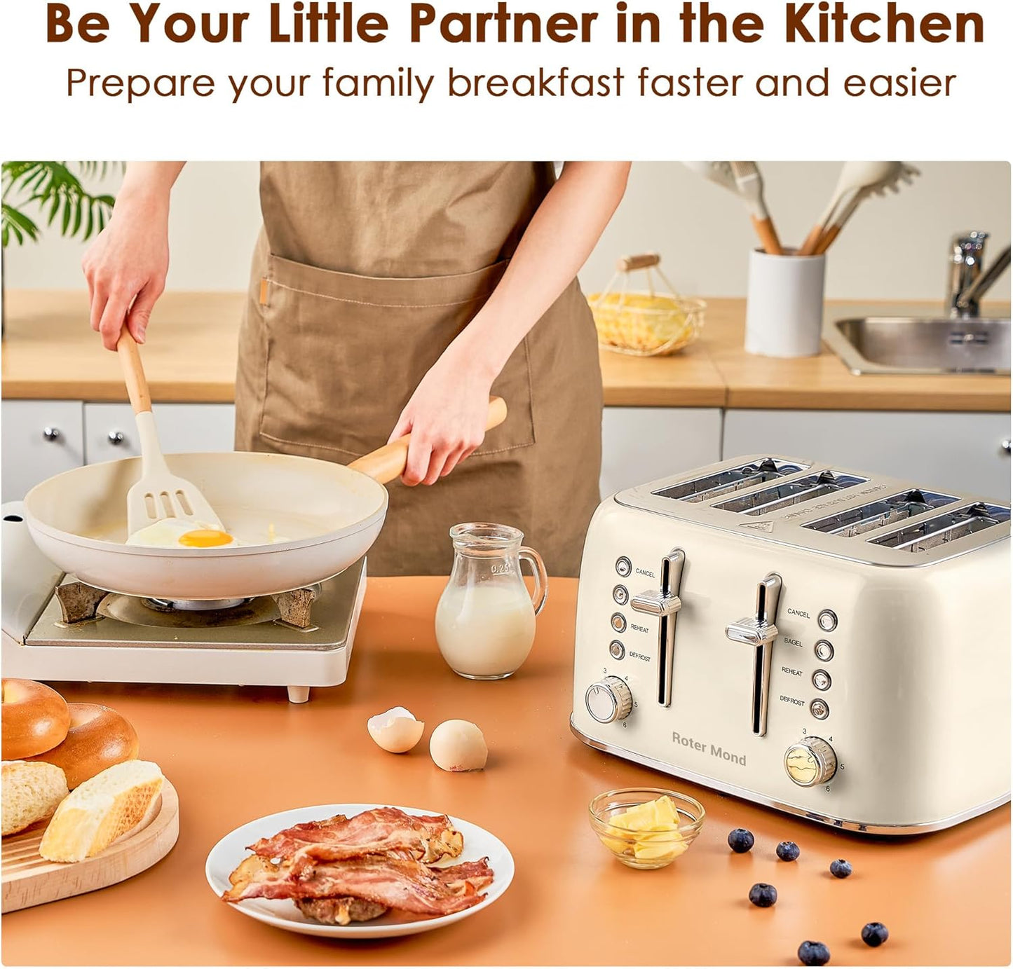 Toaster 4 Slice Retro Stainless Steel with Extra Wide Slots Bagel, Defrost, Reheat Function, Dual Independent Control Panel, Removable Crumb Tray, 6 Browning Levels, Cream White