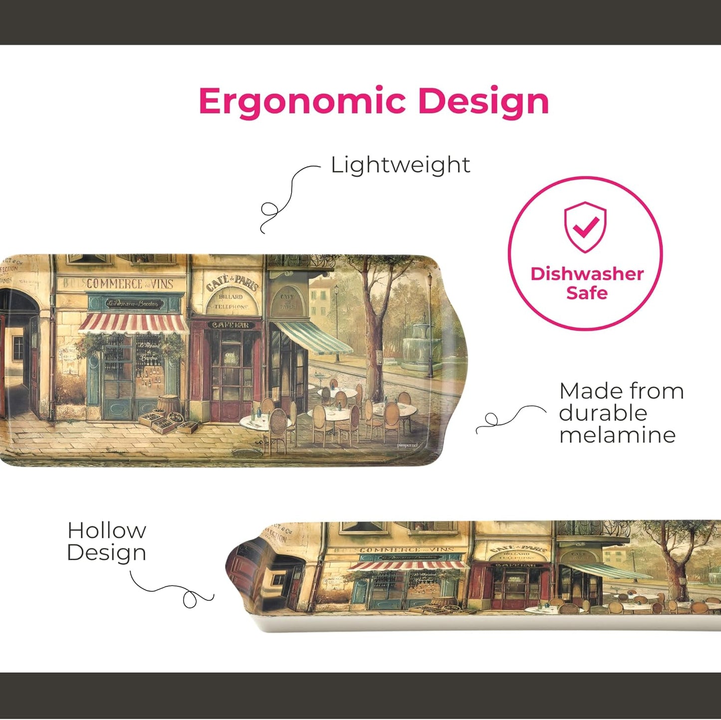 Pimpernel Parisian Scenes Rectangular Hostess Tray - 15.1" x 6.5" Melamine Snack Platter with French Street Illustration - Dishwasher-Safe Decorative Kitchen Accent for Serving