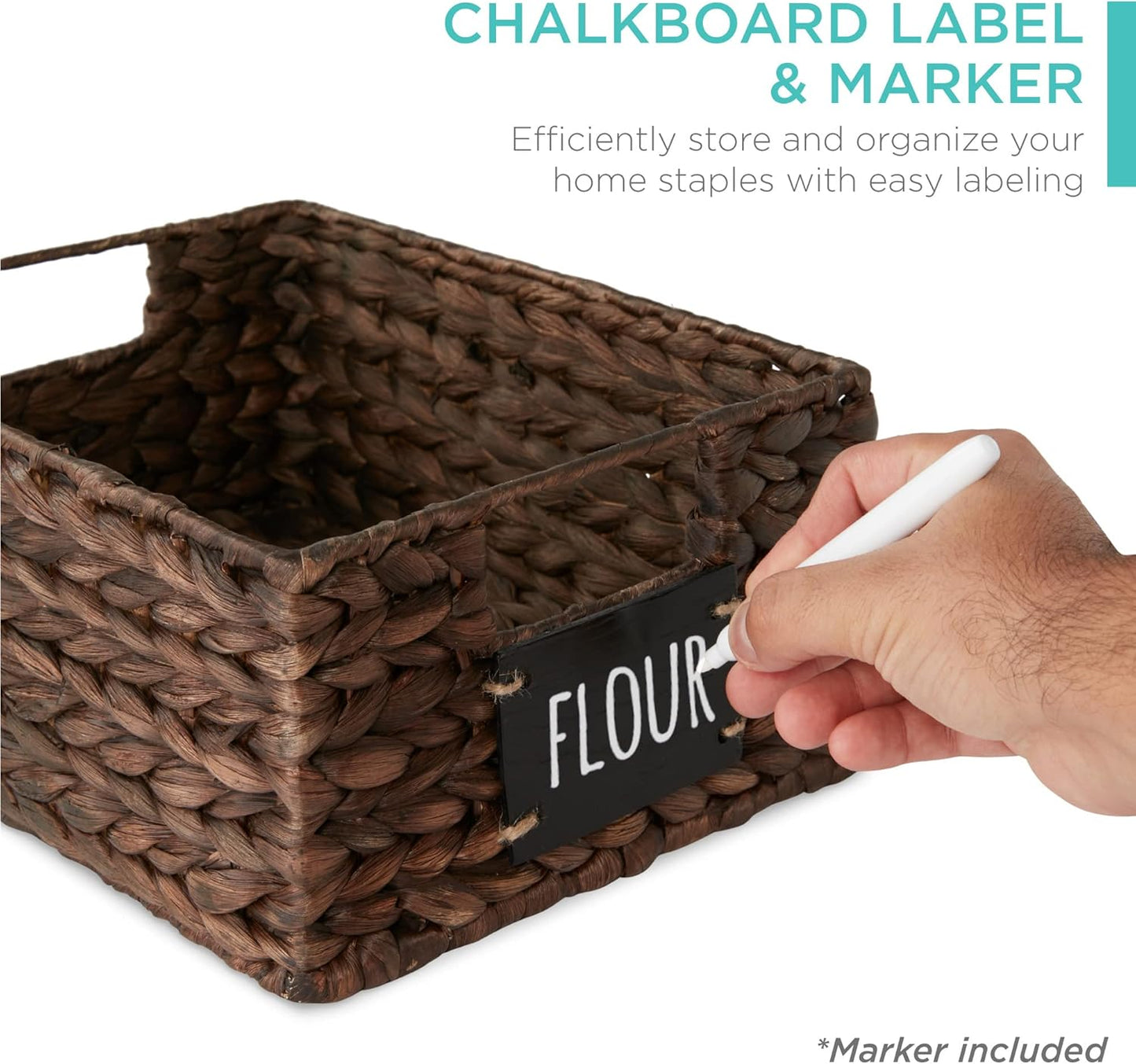 Best Choice Products Set of 4 9x12in Water Hyacinth Pantry Baskets, Woven Organizers w/Chalkboard Label, Chalk Marker - Brown